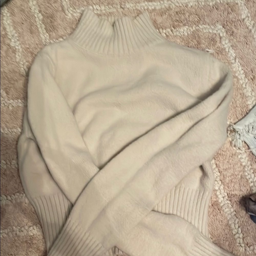 Cream Ribbed Knit Blouse with High Collar